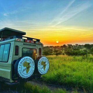 Terenowy samochód safari zaparkowany na trawiastej sawannie w Ugandzie na tle zachodzącego słońca.