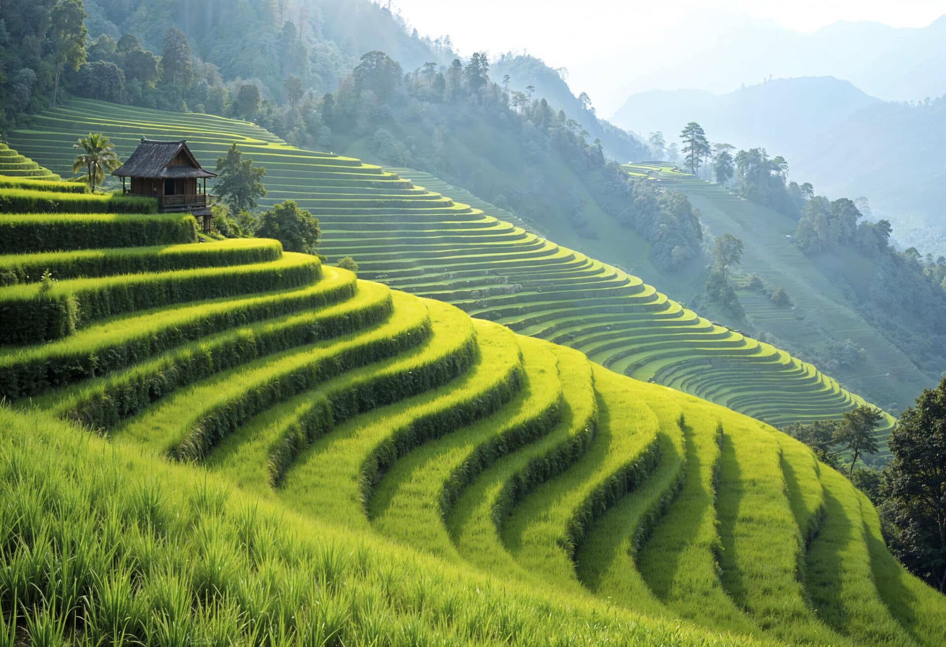 Rozległe, zielone tarasy ryżowe w Mu Cang Chai lub Banaue, z tradycyjnym domem na wzgórzu i mglistymi górami w tle o poranku.