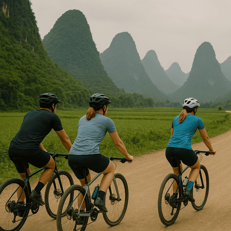 Trzech rowerzystów jadących szutrową drogą wśród zielonych gór krasowych w południowych Chinach.