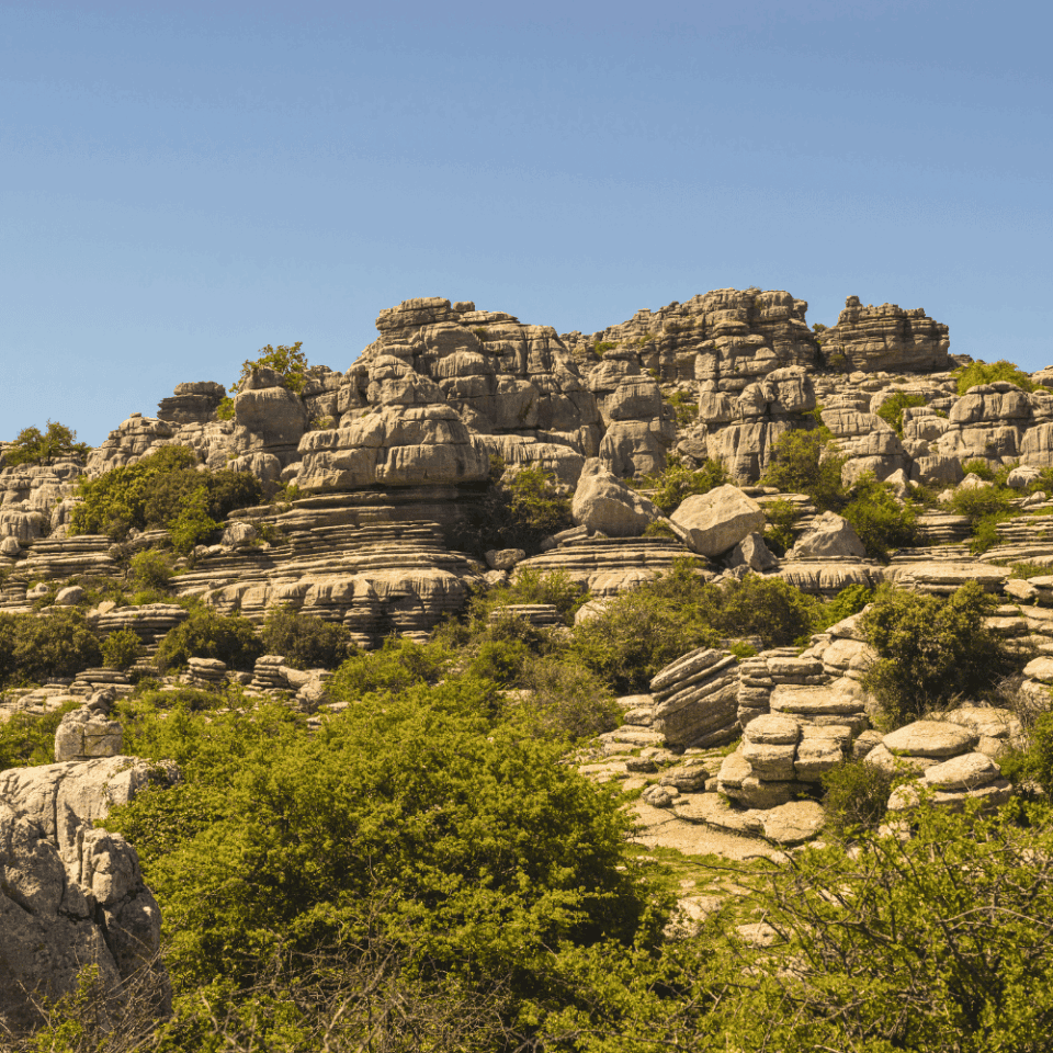 Warstwowe, płaskie ostańce wapienne tworzące labirynt formacji skalnych w Parku Przyrody El Torcal de Antequera, pod czystym, błękitnym niebem.