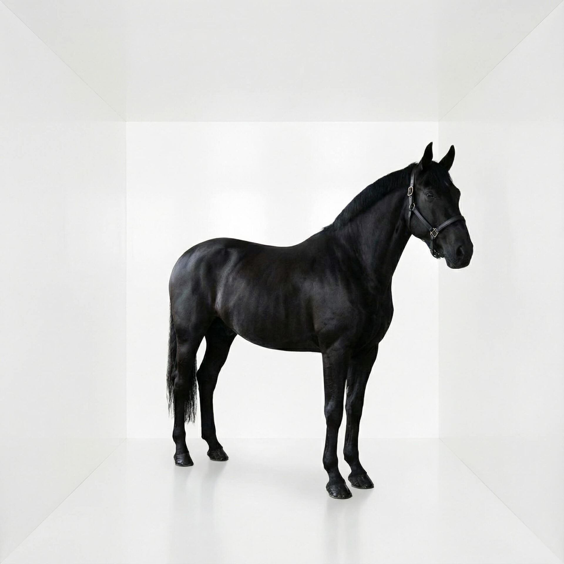 Czarny koń stojący w białym, minimalistycznym pomieszczeniu.
