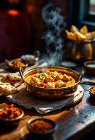 Aromatyczne danie kuchni indyjskiej podane w misie, otoczone dodatkami i przyprawami na drewnianym stole.