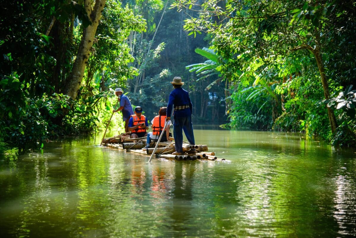 Spływ bambusową tratwą w zielonej, tropikalnej scenerii w okolicach Mae Wang koło Chiang Mai.