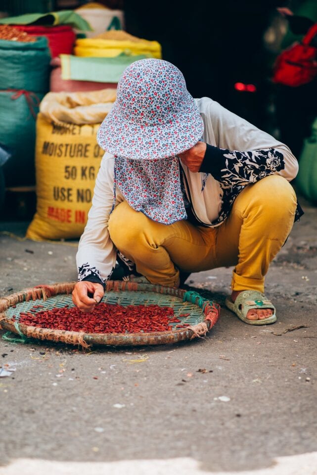 Kobieta w kwiecistym kapeluszu i żółtych spodniach kuca przy małym, płaskim koszu wypełnionym czerwonymi suszonymi papryczkami chili, sortując je ręcznie.