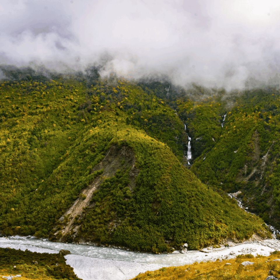 Widok na zieloną, zalesioną dolinę z rzeki Langtang Khola i górskimi szczytami w tle, podczas trekkingu w Dolinie Langtang w Nepalu.